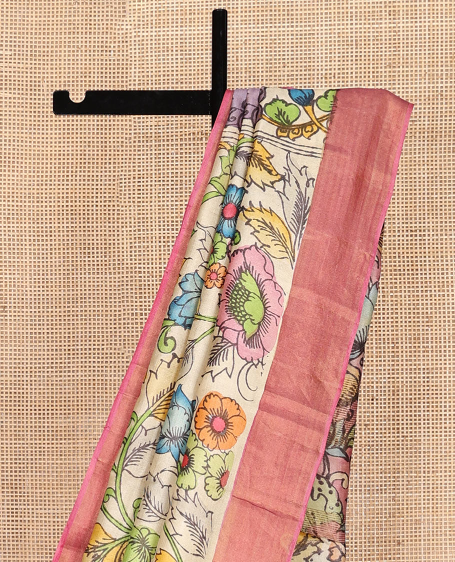 Sandal Floral Vine Pen Kalamkari Silk Saree, a Contrast Border, God Figurines Pallu, Contrast Blouse