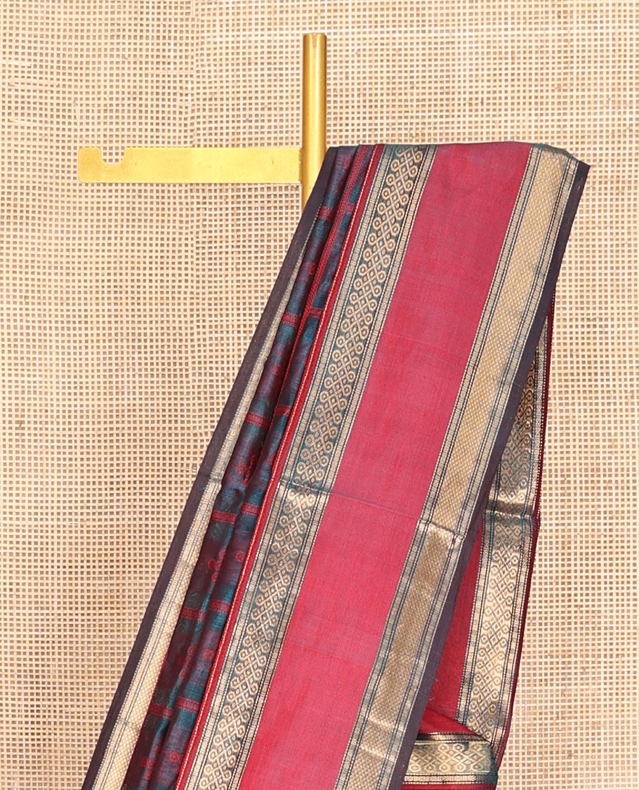 Blue Buttas Enclosed Checked Kuppadam Silk Saree, a Contrast Double-Pet Border, Grand Pallu, a Matching Blouse