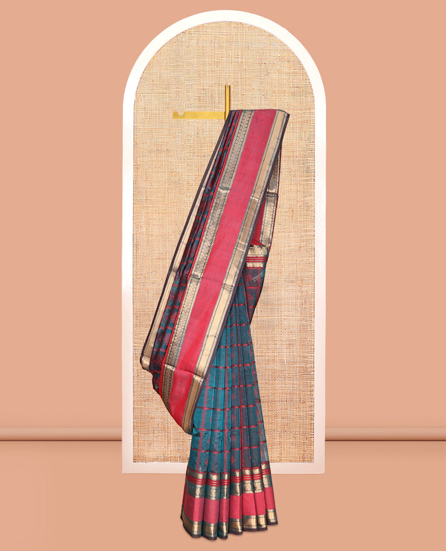 Blue Buttas Enclosed Checked Kuppadam Silk Saree, a Contrast Double-Pet Border, Grand Pallu, a Matching Blouse