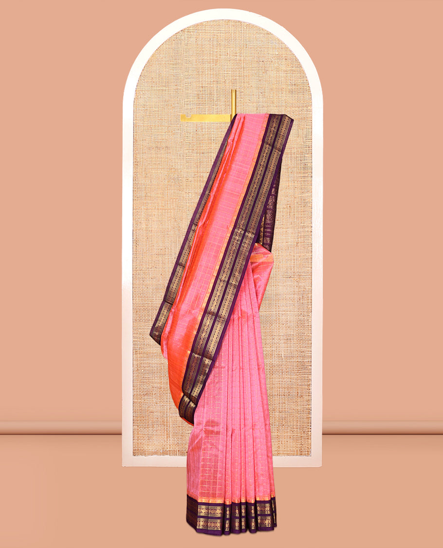 Peach Checks Design Kuppadam Silk Saree
