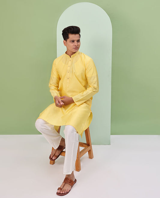 Mango yellow embossed design full-sleeved kurta