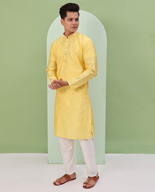 Mango yellow embossed design full-sleeved kurta