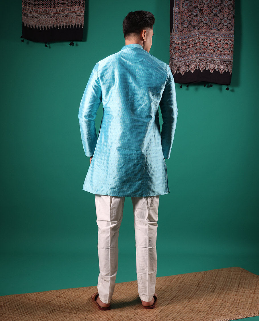 Blue intricate patterns embossed full-sleeved men's kurta