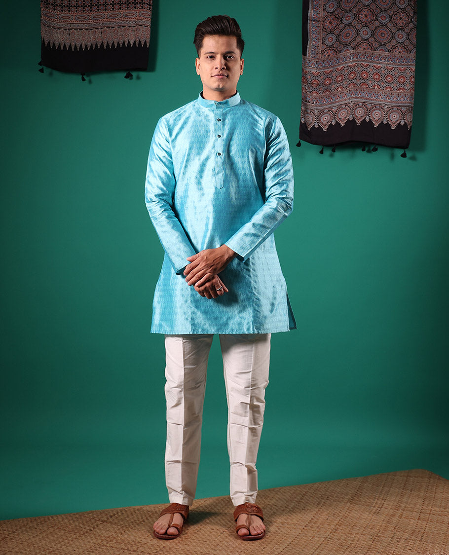 Blue intricate patterns embossed full-sleeved men's kurta