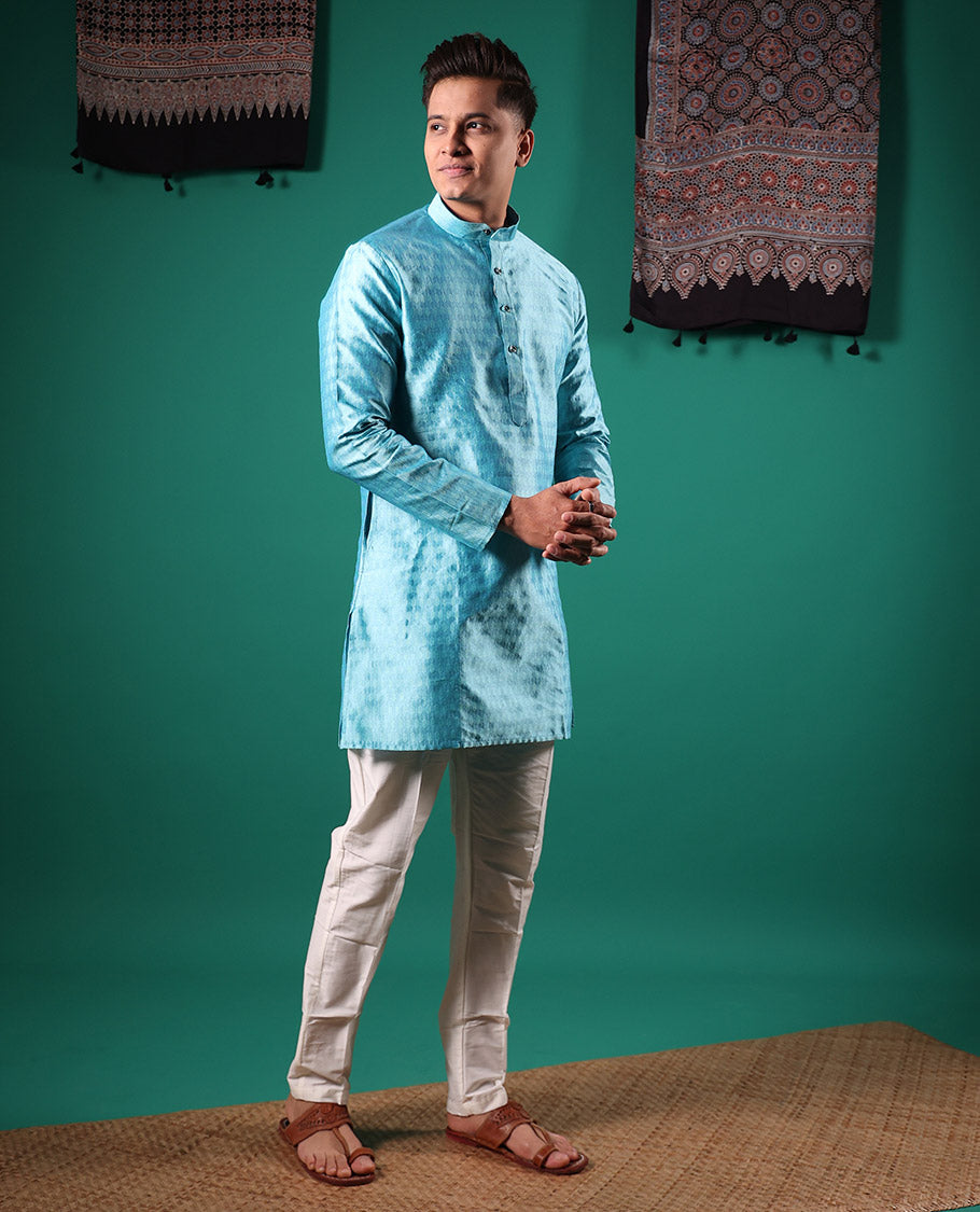 Blue intricate patterns embossed full-sleeved men's kurta