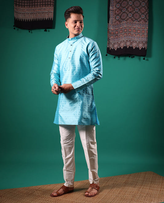 Blue intricate patterns embossed full-sleeved men's kurta
