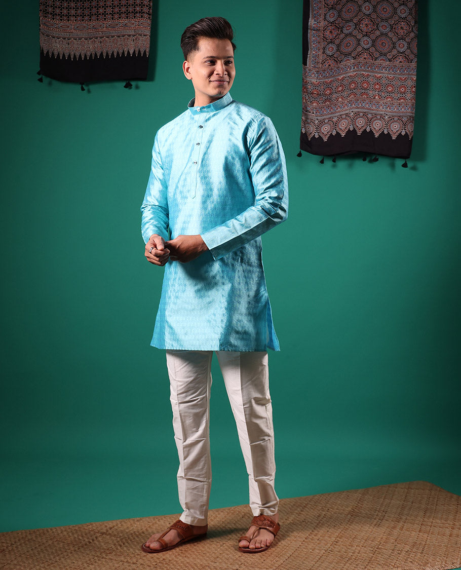 Blue intricate patterns embossed full-sleeved men's kurta