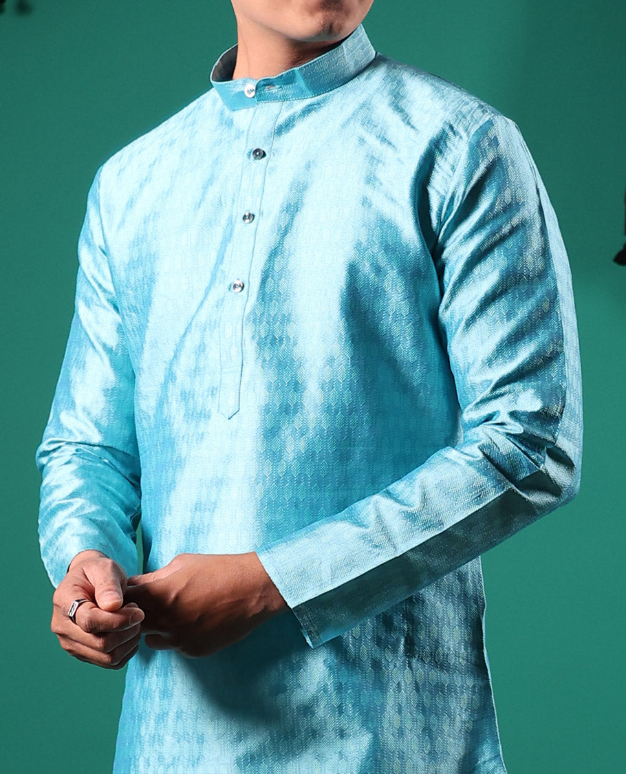 Blue intricate patterns embossed full-sleeved men's kurta