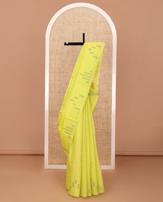Neon Yellow geometric patterned soft silk saree, zari striped & box motifs pallu