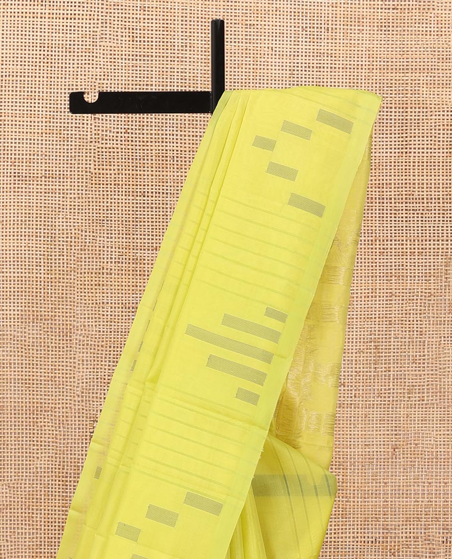 Neon Yellow geometric patterned soft silk saree, zari striped & box motifs pallu