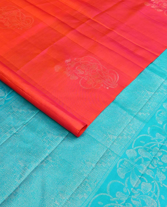 Borderless orange floral buttas woven soft silk saree, contrast pallu of floral and chevron designs
