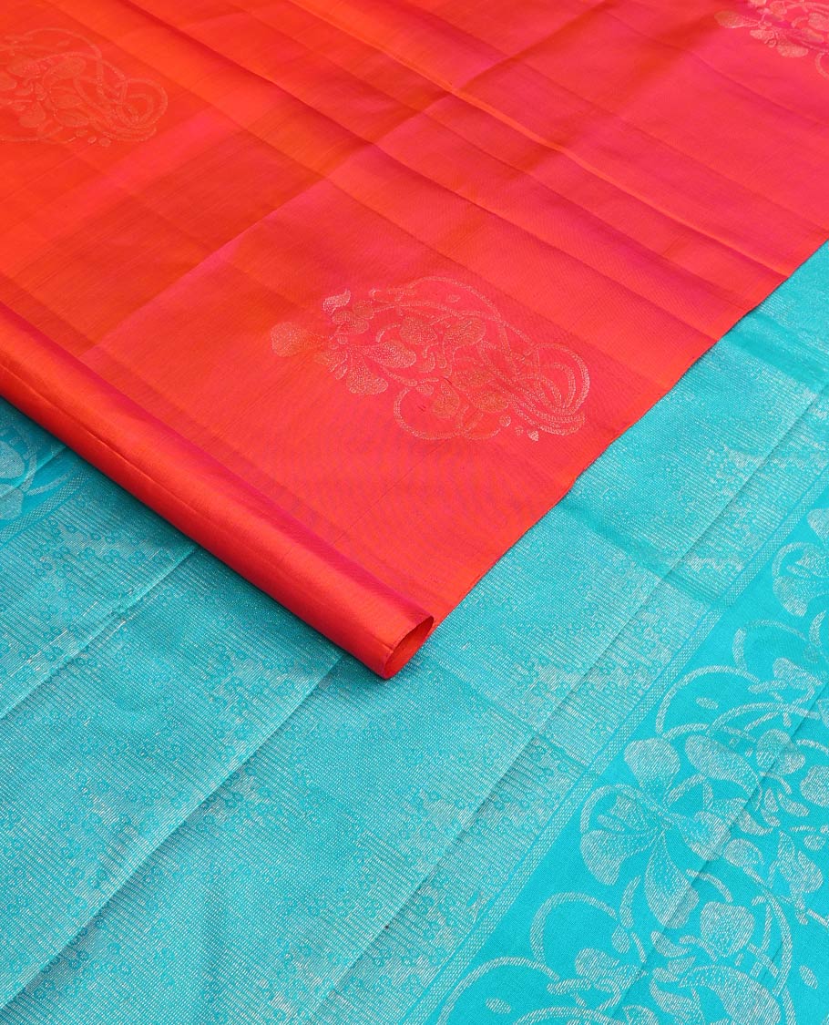 Borderless orange floral buttas woven soft silk saree, contrast pallu of floral and chevron designs