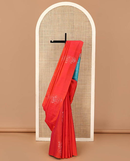 Borderless orange floral buttas woven soft silk saree, contrast pallu of floral and chevron designs