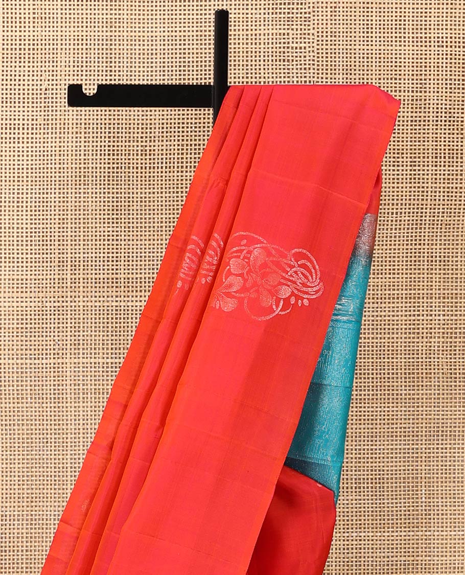 Borderless orange floral buttas woven soft silk saree, contrast pallu of floral and chevron designs