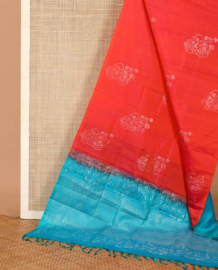 Borderless orange floral buttas woven soft silk saree, contrast pallu of floral and chevron designs