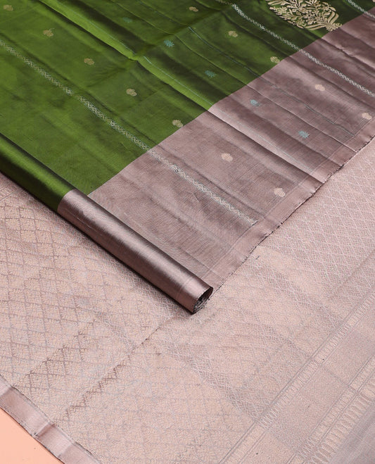 Green zari buttas and neli stripes soft silk saree, contrast zari buttas and neli striped border, and  jaal pallu