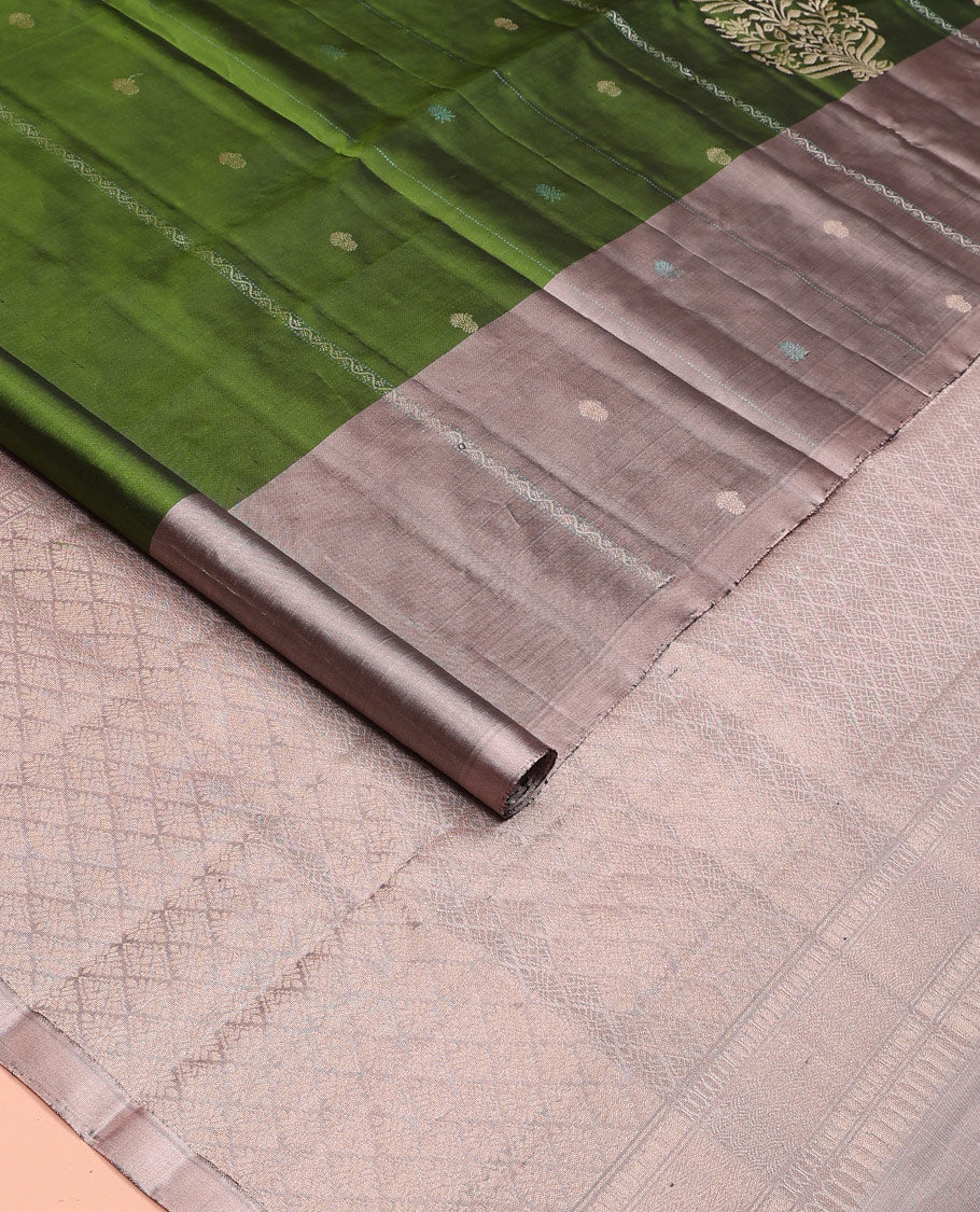 Green zari buttas and neli stripes soft silk saree, contrast zari buttas and neli striped border, and  jaal pallu