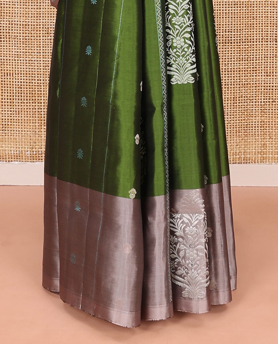 Green zari buttas and neli stripes soft silk saree, contrast zari buttas and neli striped border, and  jaal pallu