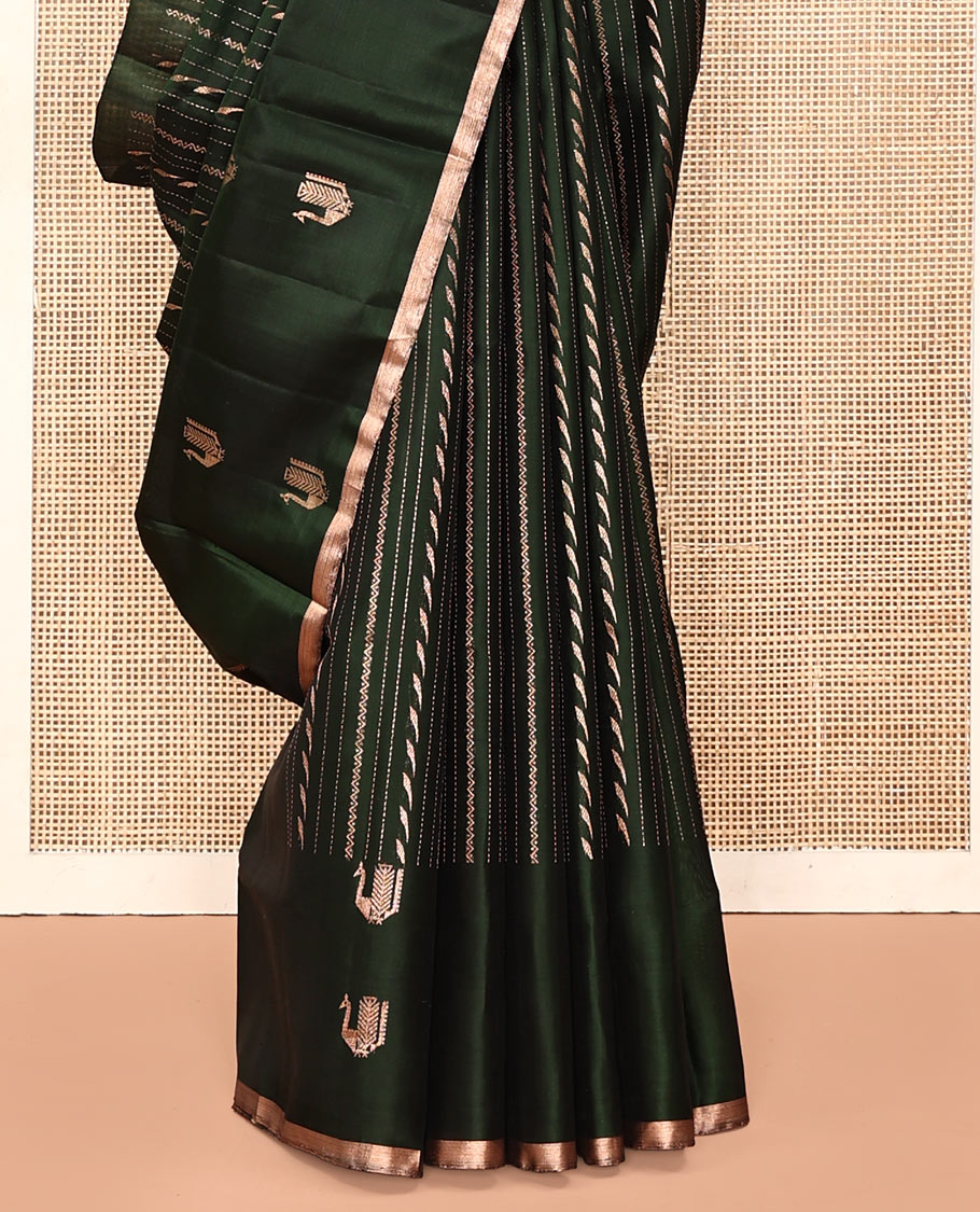 Green Mayuri Soft Silk Saree, Mesmerized with Neli, and Muthu Designs  All Over Its Body, Highlighted by Zari Border of Peacock Designs, Boldly Accentuated Jaal Pallu, and Paired with a Matching Blouse
