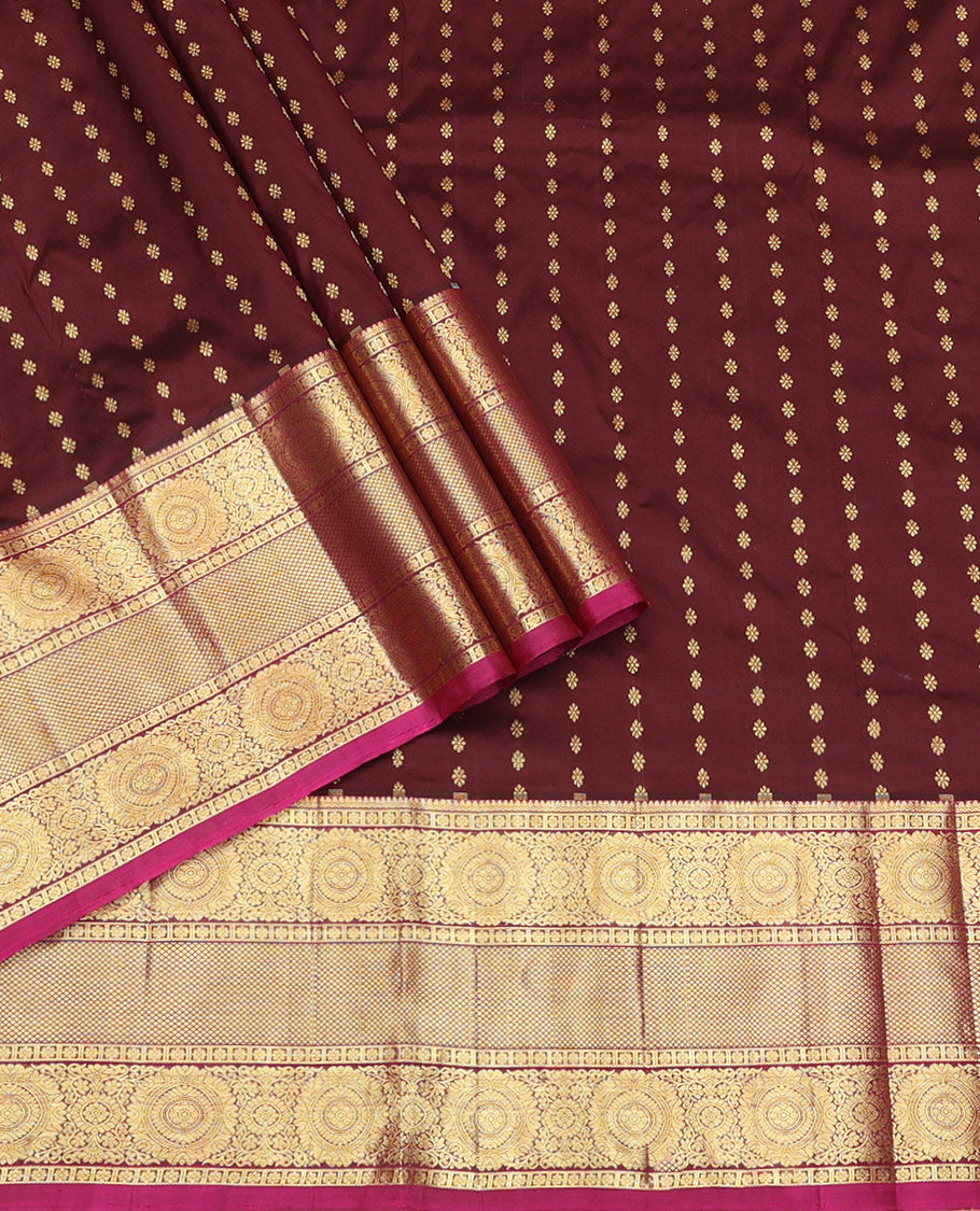 Brown Pure Silk Pavadai Material, Embellished with Zari Buttas on Its Skirt, a Contrast Traditional Zari Border, and a Contrast Blouse