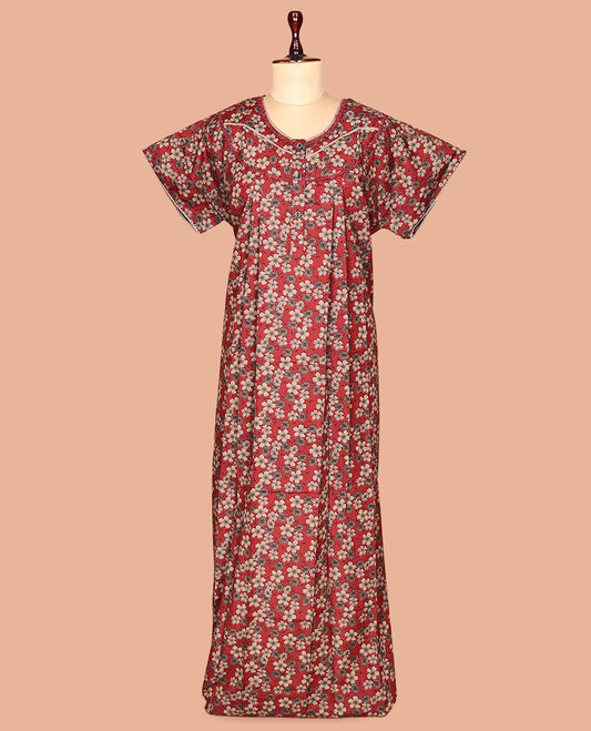 Maroon Floral Motifs Cotton-Blended Nighty