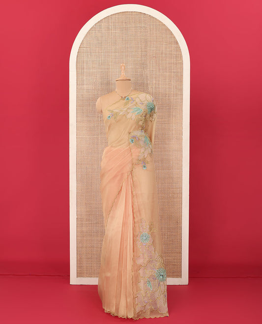 Orange tropical floral motifs thread embroidered organza saree, scallop border, and floral embroidered pallu