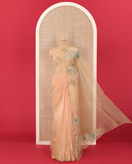 Orange tropical floral motifs thread embroidered organza saree, scallop border, and floral embroidered pallu