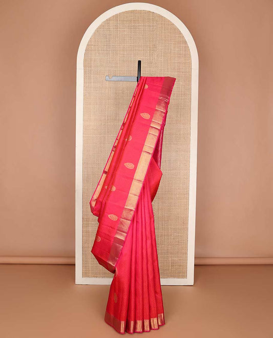 Red leaf design silk saree with self border of thilakam mokuu, vanki design & jaal design pallu