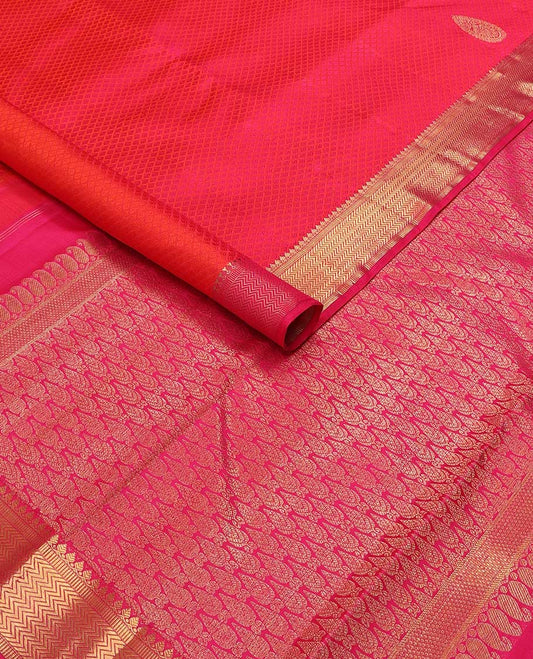Red leaf design silk saree with self border of thilakam mokuu, vanki design & jaal design pallu