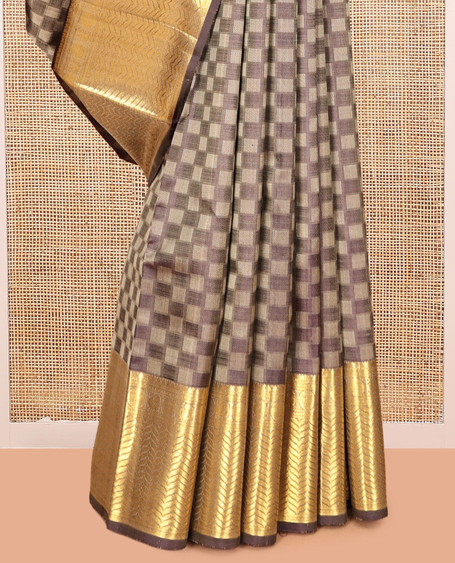 Brown Embossed Parambara Silk Saree, a Zari Border of Banaras, Diamond, Mayil, Poun, and Vanki Designs, Vanki Pallu, and Matching Blouse
