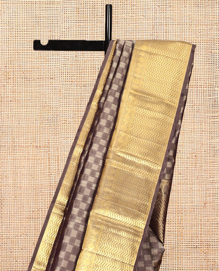 Brown Embossed Parambara Silk Saree, a Zari Border of Banaras, Diamond, Mayil, Poun, and Vanki Designs, Vanki Pallu, and Matching Blouse