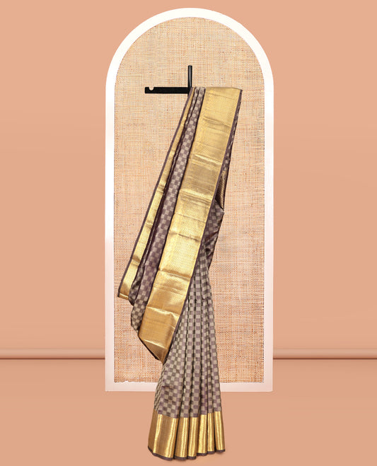Brown Embossed Parambara Silk Saree, a Zari Border of Banaras, Diamond, Mayil, Poun, and Vanki Designs, Vanki Pallu, and Matching Blouse