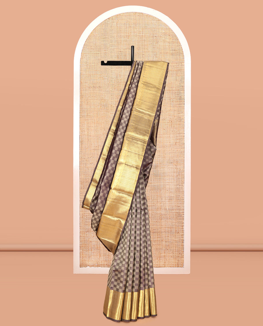 Brown Embossed Parambara Silk Saree, a Zari Border of Banaras, Diamond, Mayil, Poun, and Vanki Designs, Vanki Pallu, and Matching Blouse