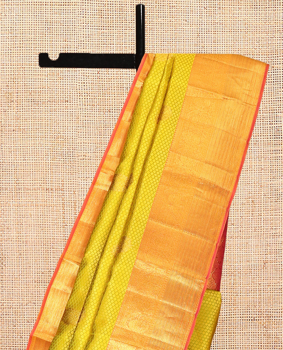 Green Embossed-Buttas Kanchipuram Silk Saree, a Contrast Dhavana Kodi Border, Grand Pallu, Contrast Blouse