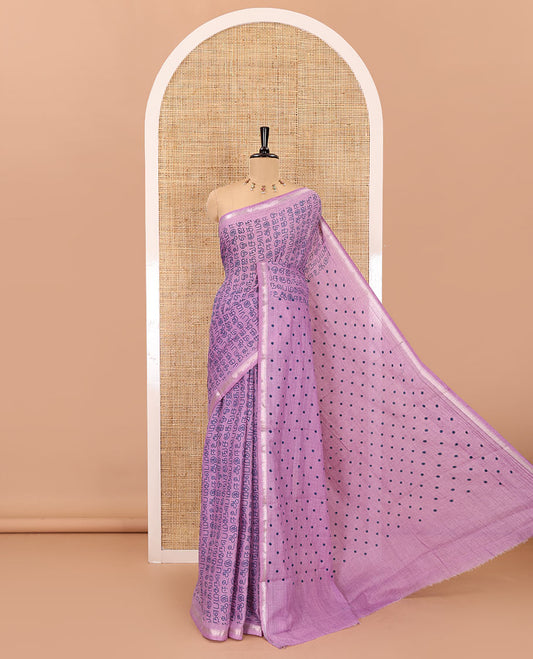 Lavender tamil letters printed soft cotton saree, zari piping border, small polka dotted pallu, and blouse of abstract and polka dots print