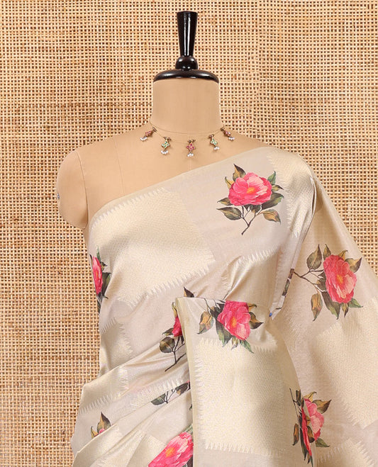 Borderless sky blue, geometric checks, and floral motifs fancy tussar saree, contrast traditional zari woven pallu, and a contrast zari design blouse