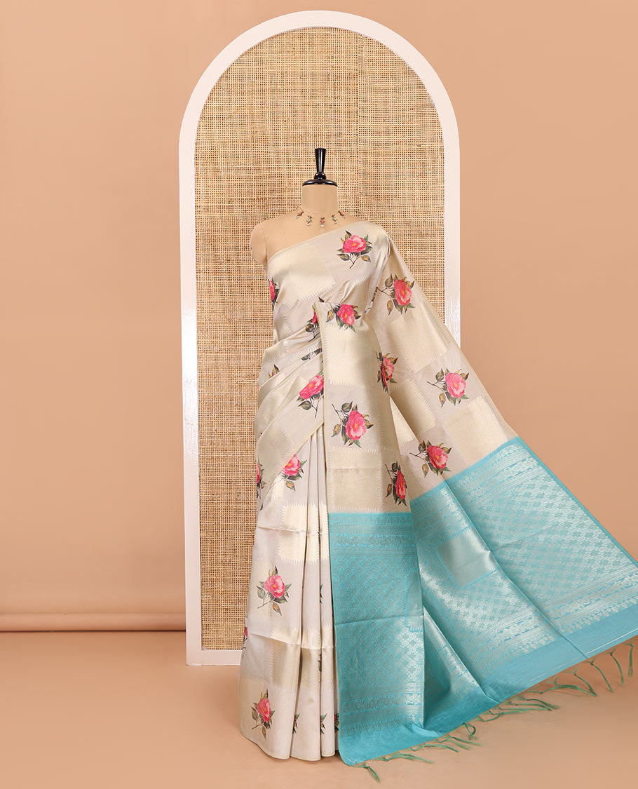 Borderless sky blue, geometric checks, and floral motifs fancy tussar saree, contrast traditional zari woven pallu, and a contrast zari design blouse