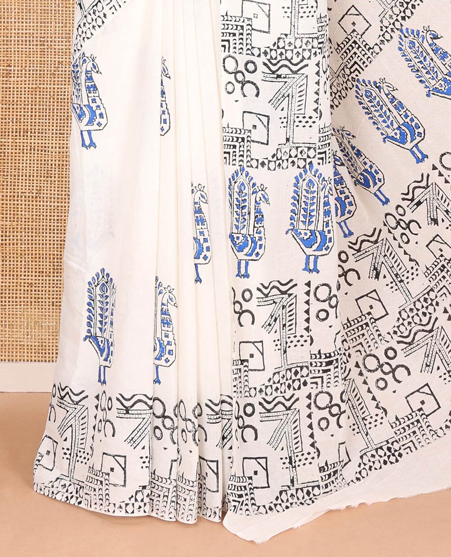 White peacock block printed mul cotton saree, geometric printed border, geometric printed pallu, and a matching block printed blouse