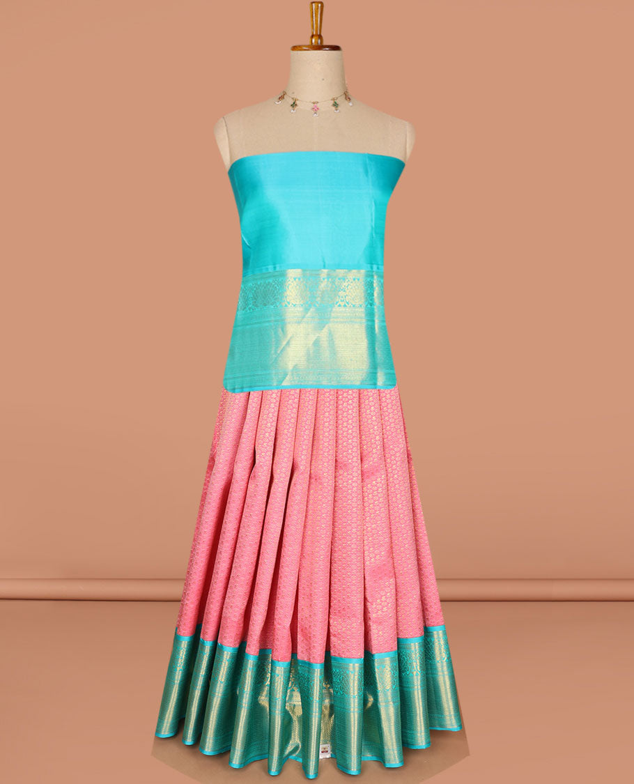 Pink zari buttas pure-silk half saree, contrast border & blouse of dhavana kodi,muthu, neli & then kuli kann design, zari design dhavani
