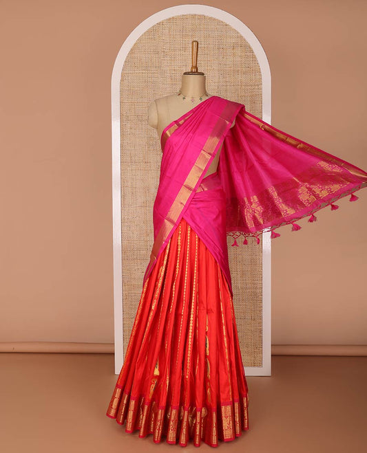 Red striped floral designsilk half saree with contrast border of banaras, muthu, paun design, zari design blouse & floral design dhavani
