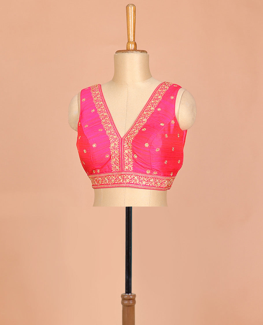 Pink golden thread embroidered front and back deep V-neck sleeveless raw-silk readymade blouse