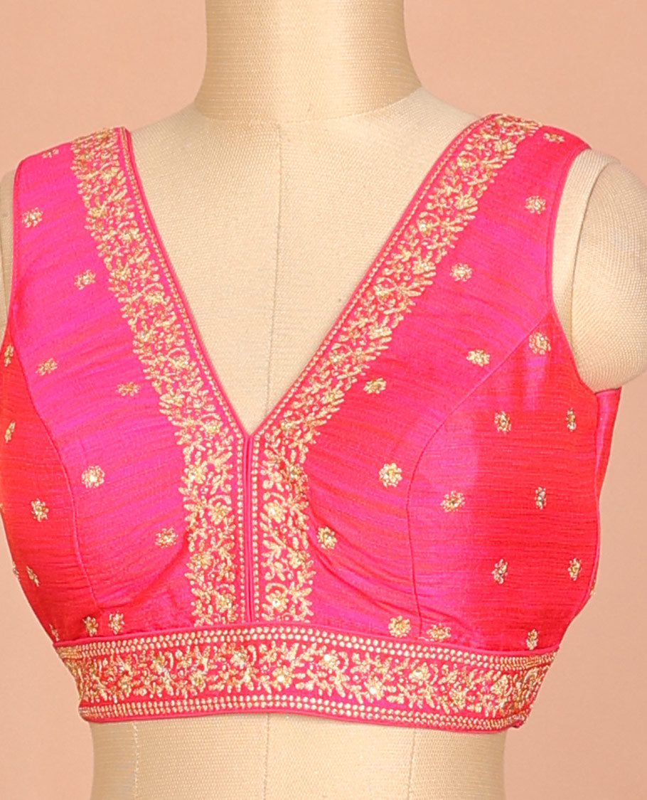Pink golden thread embroidered front and back deep V-neck sleeveless raw-silk readymade blouse