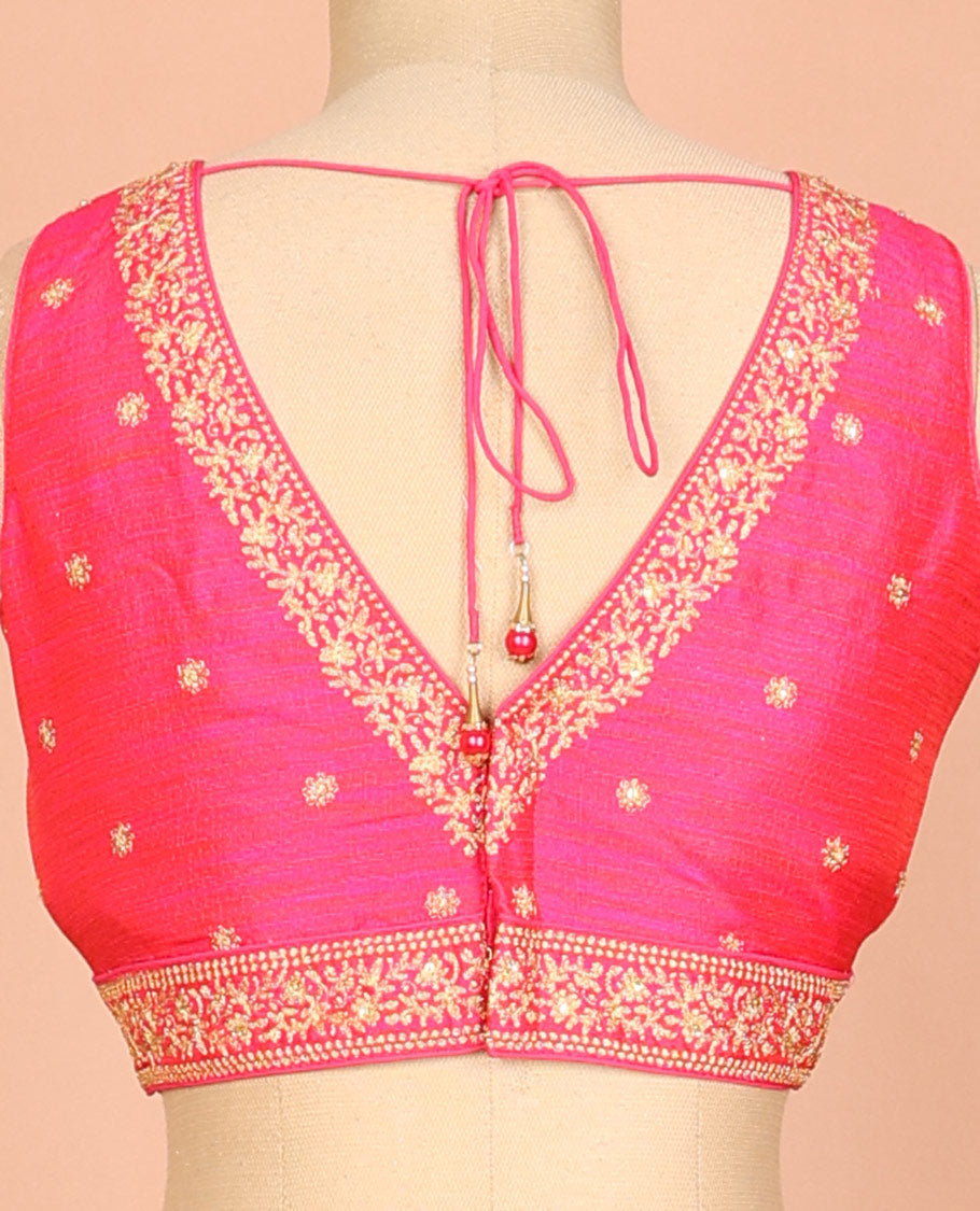 Pink golden thread embroidered front and back deep V-neck sleeveless raw-silk readymade blouse