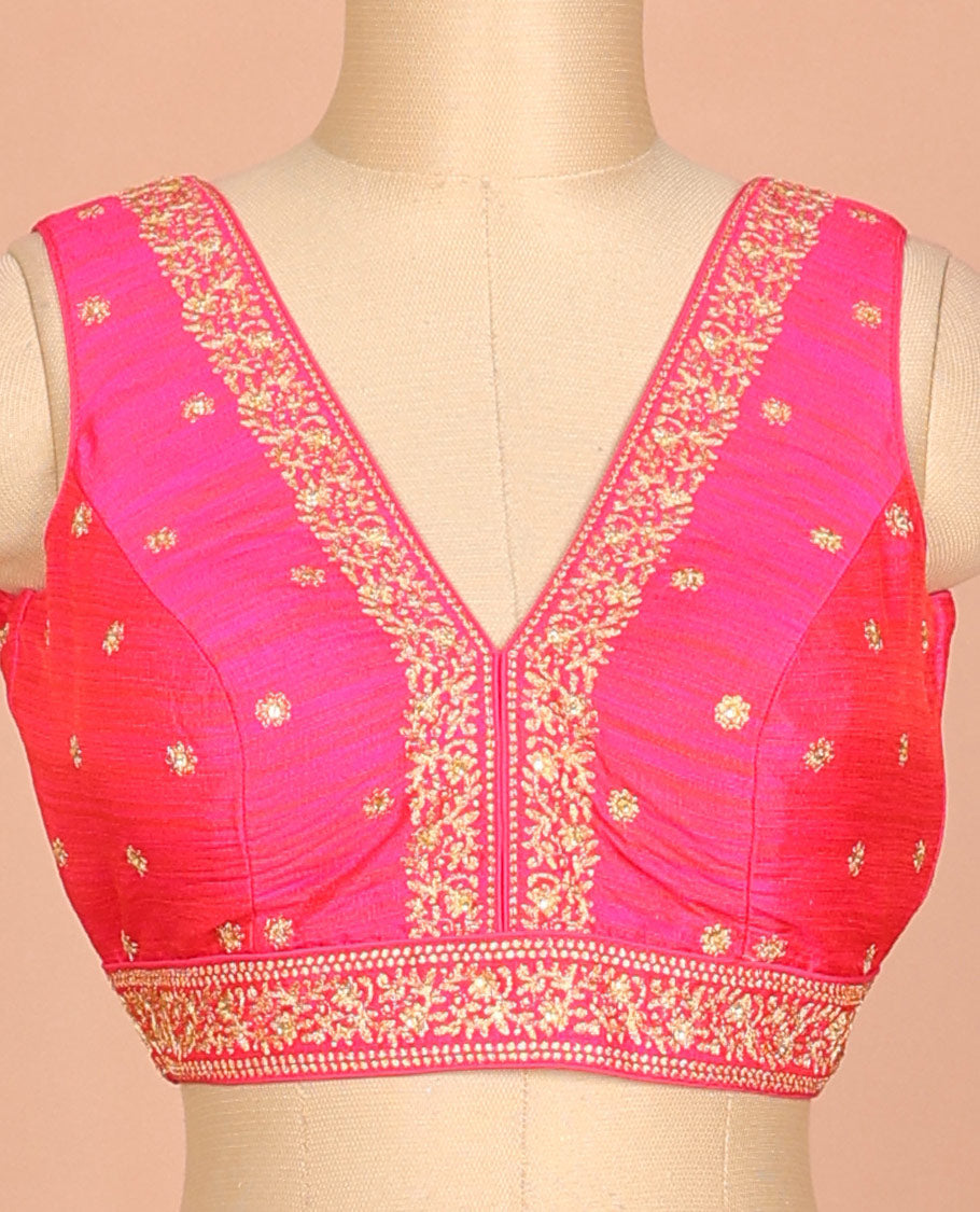 Pink golden thread embroidered front and back deep V-neck sleeveless raw-silk readymade blouse