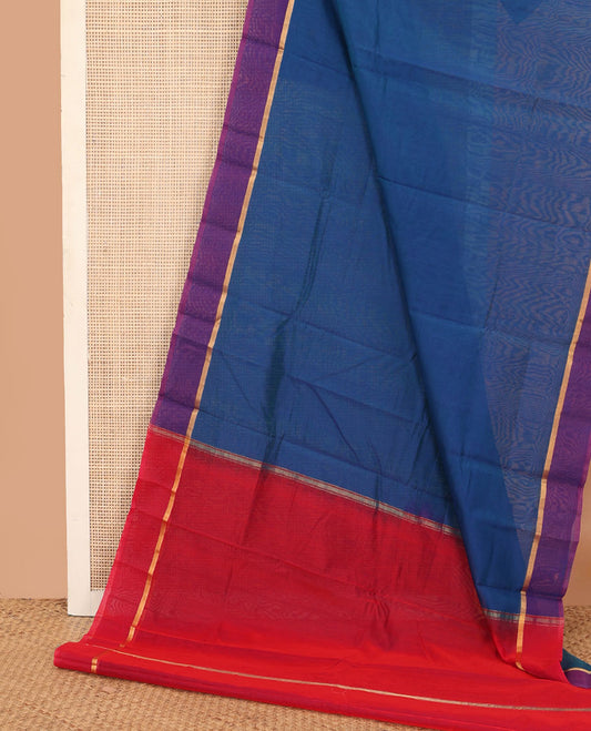 Royal blue plain silk cotton saree, contrast zari striped border, and contrast plain pallu