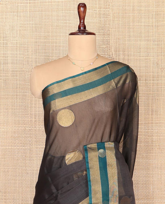 Grey Silk Cotton Saree, Accentuated with Polka Dot Buttas, Complemented by a Contrast Zari Buttas Border, Intricately Designed Pallu, and a Contrast Blouse