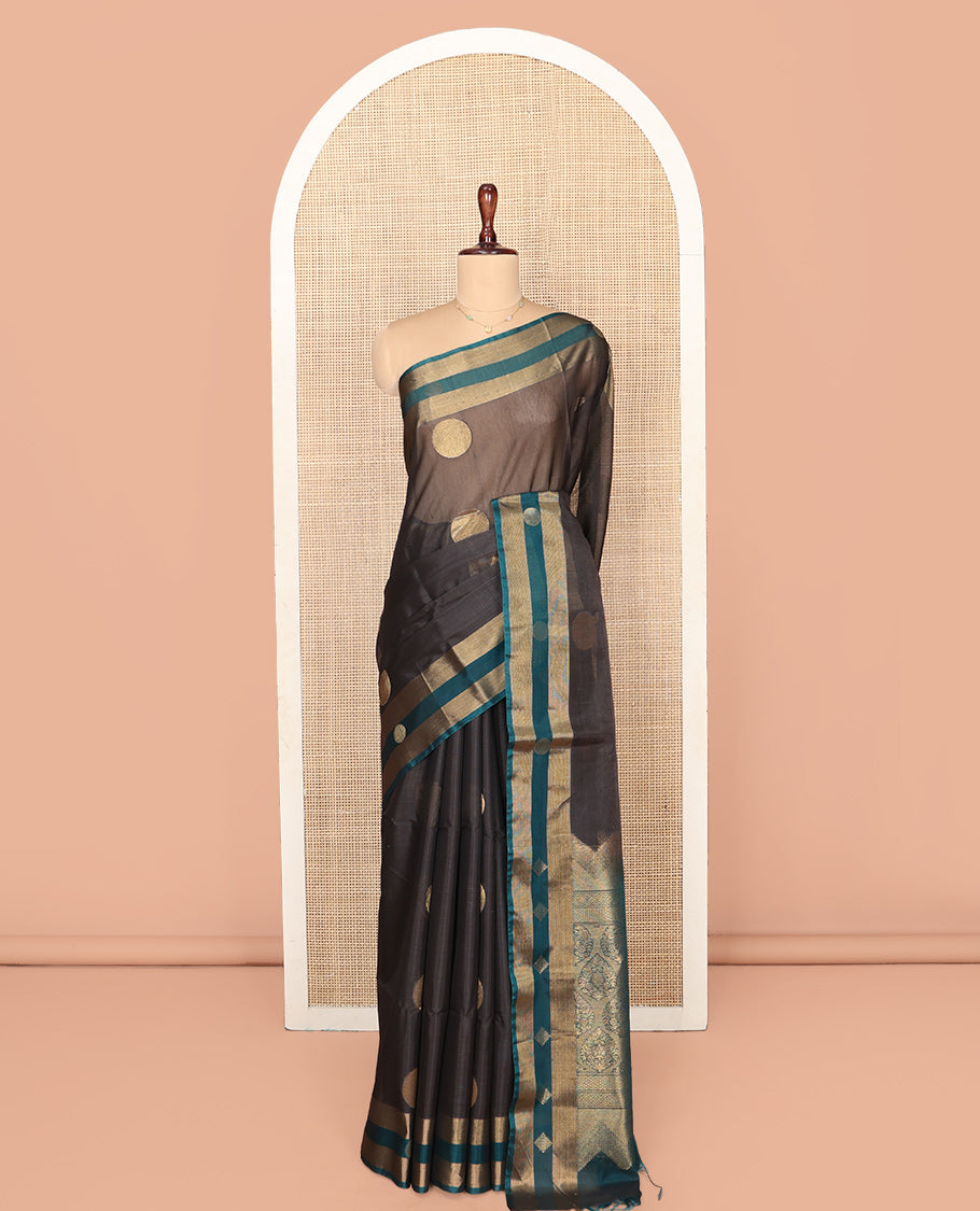 Grey Silk Cotton Saree, Accentuated with Polka Dot Buttas, Complemented by a Contrast Zari Buttas Border, Intricately Designed Pallu, and a Contrast Blouse