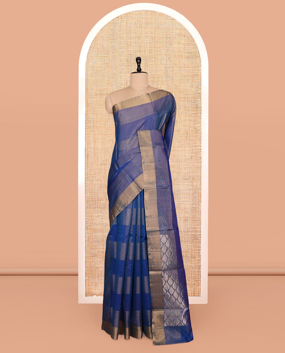 Blue Silk Cotton Saree, Elevated with Zari Checks, a Zari Border, Grand Pallu, and a Matching Blouse