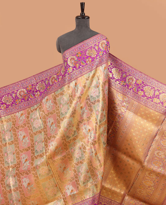 Multi-color meenakari jacquard silk saree, contrast meenakari border of rekku & kodi visiry designs, & pallu of  intricate designs