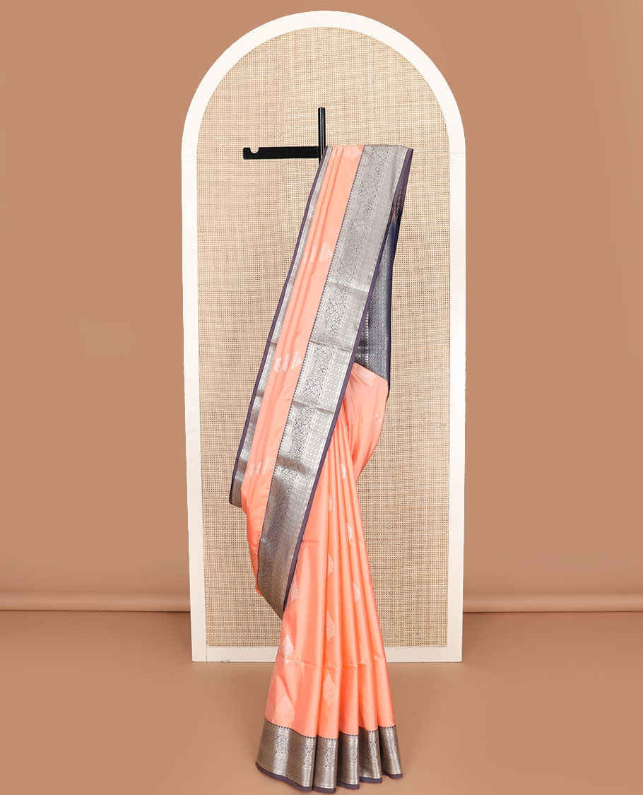 Orange zari buttas soft silk saree, contrast traditional zari design border, and jaal pallu